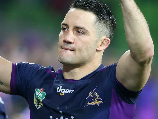 NRL - Qualifying Final 1, Melbourne Storm v North Queensland Cowboys at AAMI Park.10th September , Melbourne Australia. Cooper Cronk of the Melbourne Storm thanks the fans after the win. Picture : George Salpigtidis