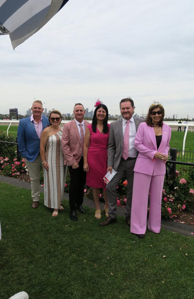 Kristina, Mathias, Martin, Athurt, Josephine and Margareta at Seppelt Wines Stakes Day 2024 at Flemington Racecourse. Picture: Gemma Scerri