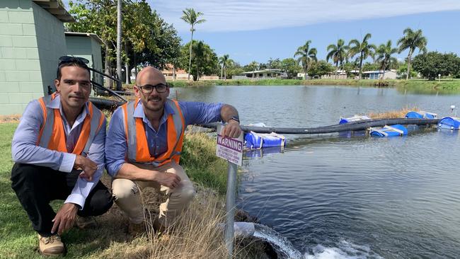 CRYSTAL CLEAR: Recycled water was flowing clear at Bowen Golf Course. Pictured: Juan Burbano Capital Works Engineer and Whitsunday Regional Council’s major project manager Paraic Butler.