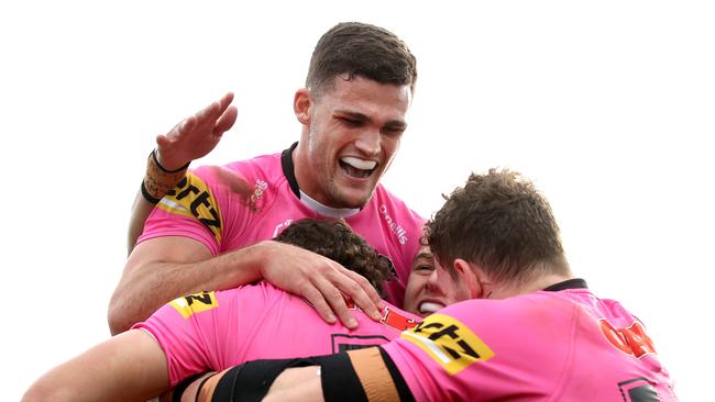 Nathan Cleary celebrates Charlie Staines scoring a try on debut. Pic: Phil Hillyard