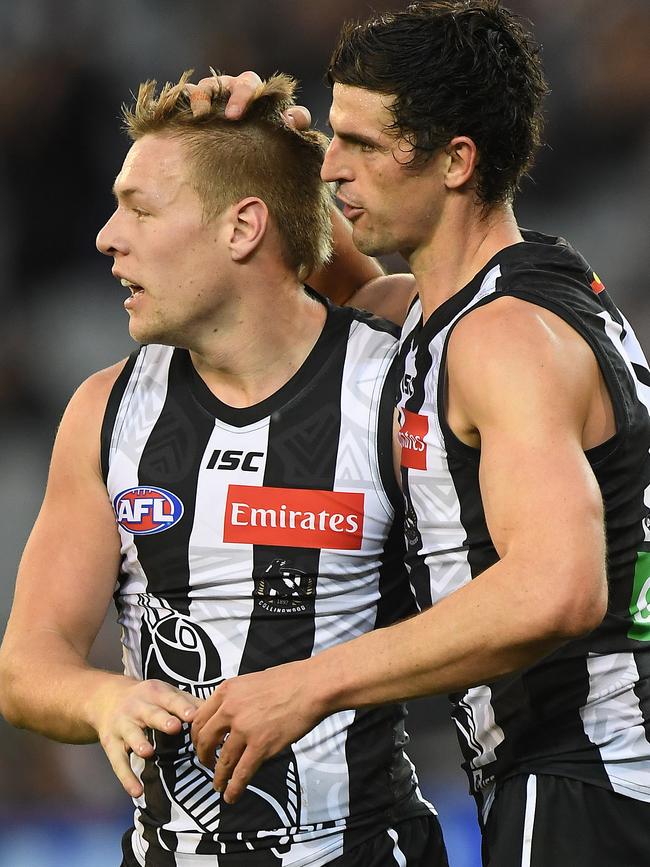 The pair celebrate another De Goey goal. Pic: AAP