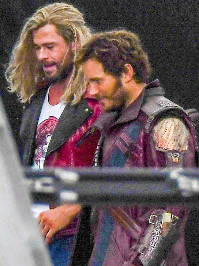 Chris Hemsworth and Chris Pratt pictured on the Centennial Park set of Thor: Love and Thunder. Picture: Media Mode