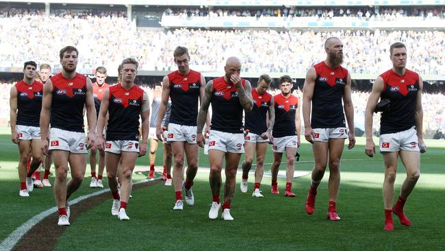 Melbourne players walk off Perth Stadium. Picture: Michael Klein