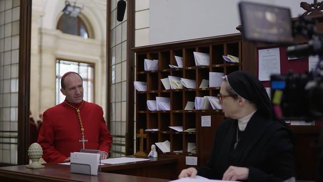 Ralph Fiennes and Isabella Rossellini in Conclave. Picture: Supplied