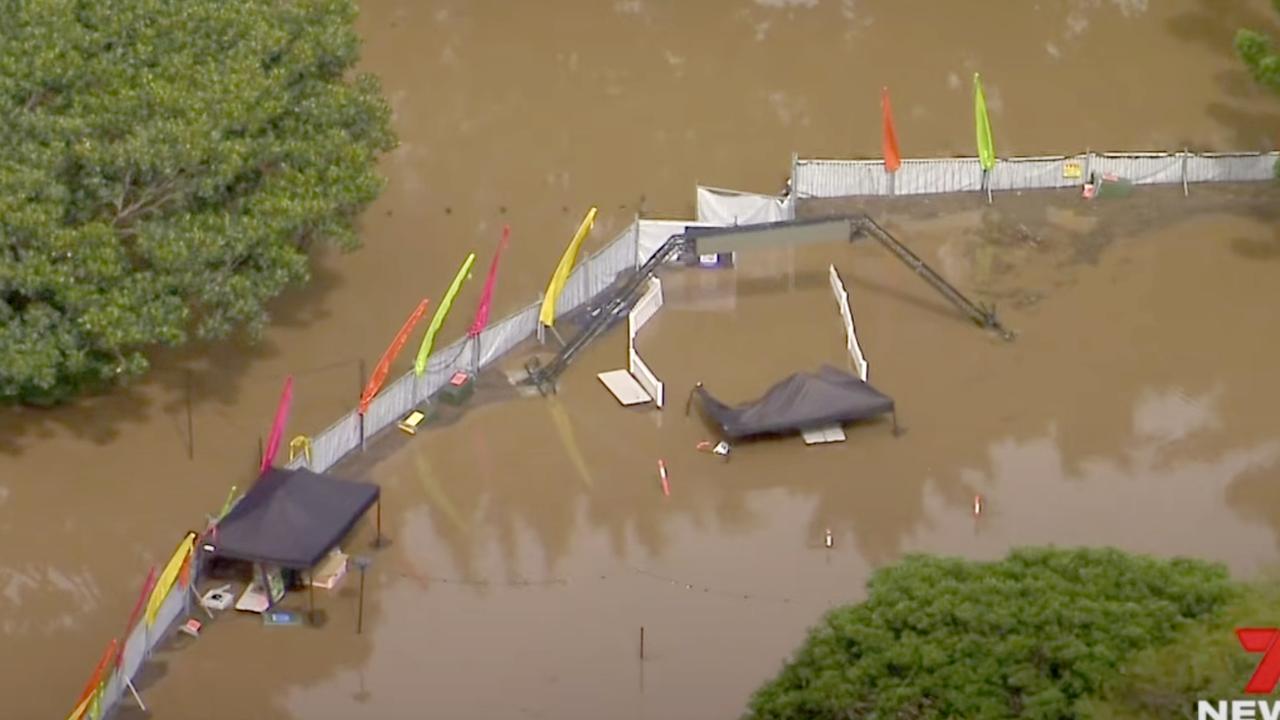 Flood water rises over what was to be Strathpine Magical Christmas Festival – Photo: 7News Brisbane