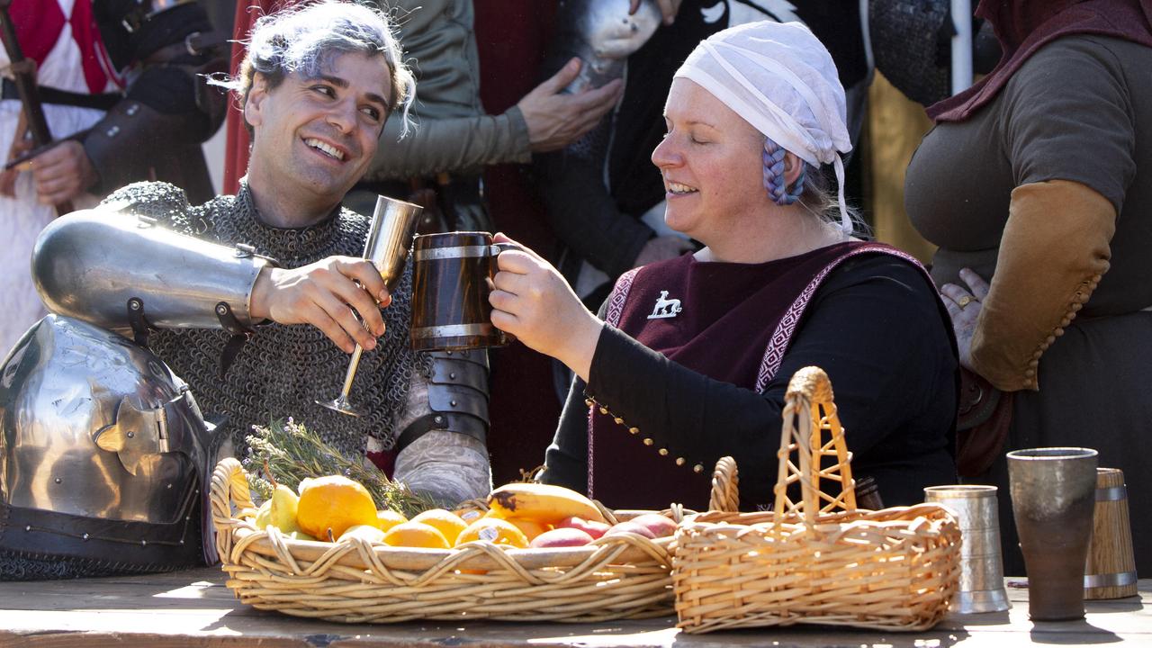 SA Medieval Fair in Paracombe. Front row - Matthew Pihodyna (Sir Casimir) and Fallon Stoeckel of the group Ironclad. 5th May 2024. Picture: Brett Hartwig