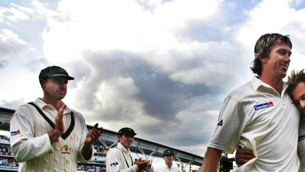 Glenn McGrath and Shane Warne leave the field for the last time in an Ashes in England.