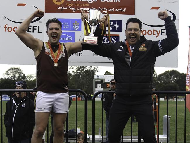 Boronia captain Lachlan McKernan and coach Matt Clark show off the silverware. Picture: Davis Harrigan