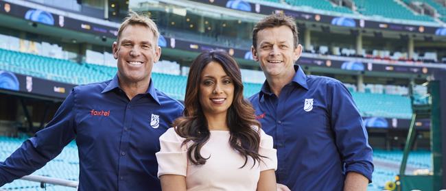 All in the ‘family’ … Shane Warne, Isa Guha and Adam Gilchrist will line-up as Foxtel Cricket commentators again this summer. Picture: Nicholas Wilson