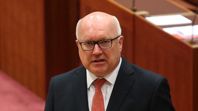 Attorney General Senator George Brandis speaking in the Senate Chamber, at Parliament House in Canberra. Picture Kym Smith