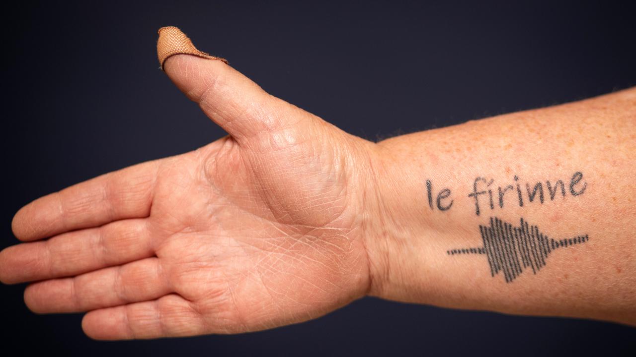 Kaye’s tattoo reads “le firinne’’ – which is Irish for “with truth”. Picture: Mark Stewart