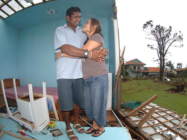 Renee VaiellarisSiva Nair and Suwaree Usher, in their Belvedere home demolished by the Cyclone Larry. PICTURE: BRIAN CASSEY