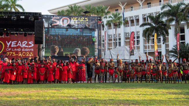 Kenbi Dances from Belyuen community at the Northern Land Council 50 Year Anniversary Concert in State Square, Parliament House, Darwin. Picture: Pema Tamang Pakhrin