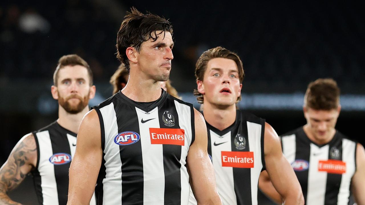 MELBOURNE, AUSTRALIA - APRIL 09: Scott Pendlebury of the Magpies looks dejected after a loss during the 2022 AFL Round 04 match between the Collingwood Magpies and the West Coast Eagles at Marvel Stadium on April 09, 2022 In Melbourne, Australia. (Photo by Michael Willson/AFL Photos via Getty Images)