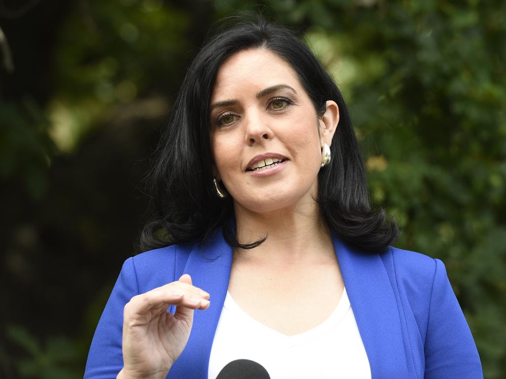 Moira Deeming speaks to the media after being accepted back into the Liberal Party. Picture: Andrew Henshaw