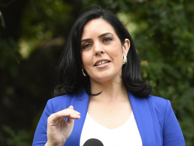 Moira Deeming speaks to the media after being accepted back into the Liberal Party. Picture: Andrew Henshaw