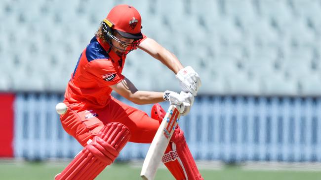 Thomas Kelly bats in his debut Redbacks match. He said he could only benefit from the experience at the crease. Picture: Mark Brake