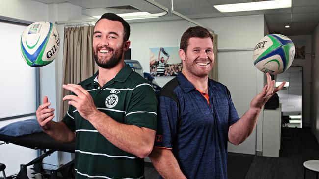 Warringah’s Sam Ward (left) helped Manly’s James Hilterbrand (right) recover from two shoulder reconstructions. Picture: AAP/Adam Yip