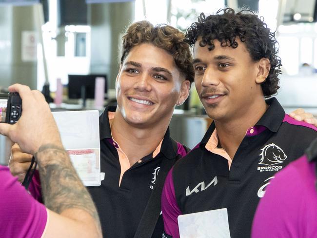 Brisbane Broncos Reece Walsh and Tristan Sailor at Brisbane International Airport ahead of the NRL round 1 clash against the Roosters in Las Vegas, Thursday, February 22, 2024 - Picture: Richard Walker