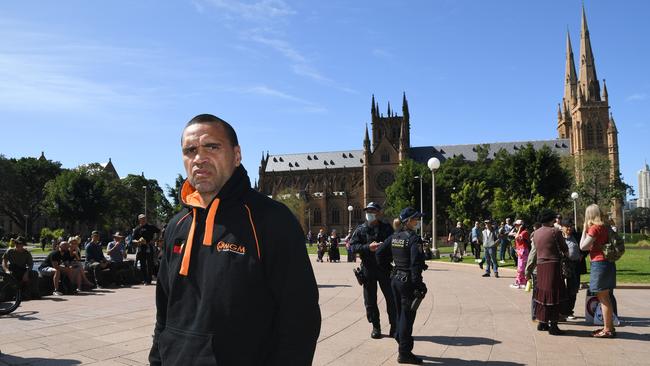 Sportsman Anthony Mundine attends a Freedom Day protest in Sydney. Picture: NCA NewsWire/Joel Carrett