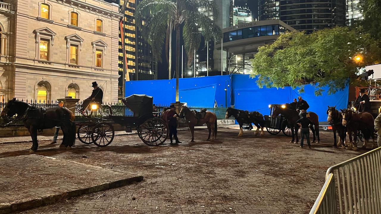 Actors in period costume and horses pulling carts were spotted on the film set. Photo: BrisbaneIncidentAlerts/ Timothy Hannon