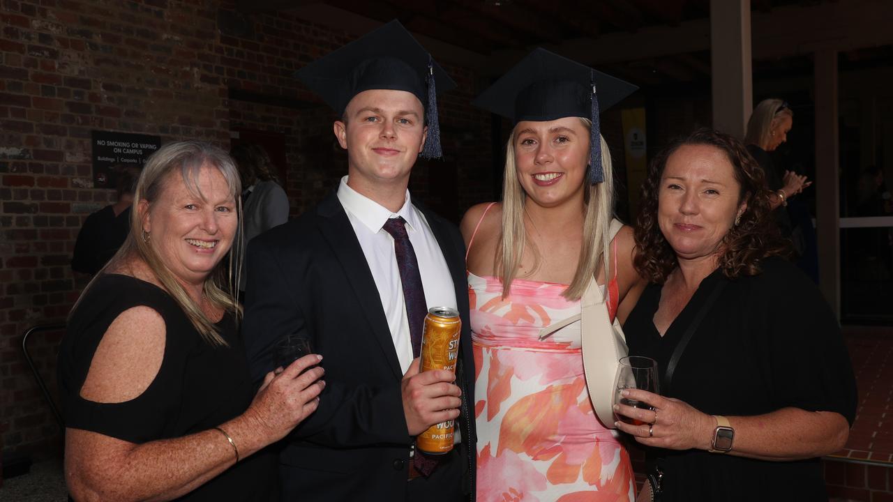 Nicole Stenhouse, Lochlan Stenhouse, Stephanie Glover and Wendy Glover. Deakin School of Education; NIKERI; and Centre of Humanitarian Leadership students graduated on Wednesday lunchtime. Picture: Alan Barber