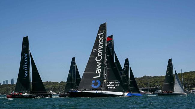 Yachts jostle at the start of the Sydney Hobart race on Thursday. Picture: AFP