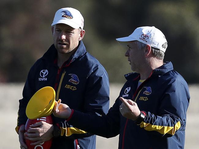 Adelaide Crows training at West Lakes. Assistant coaches Paul Thomas and Michael Godden Picture SARAH REED