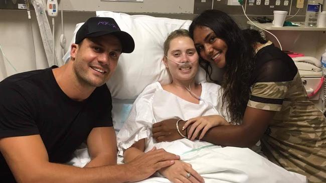 Beau Ryan visits Kia Lettice in hospital last week, with her friend Mahalia Murphy.