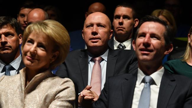 Michaelia Cash, Peter Dutton and Simon Birmingham at the Liberal Party campaign launch yesterday. Picture: AAP