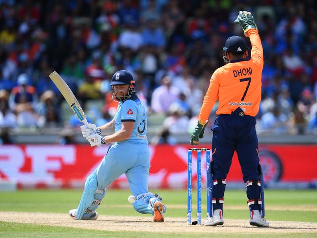 Jonny Bairstow of England on his way to a century as MS Dhoni of India appeals. Picture: Clive Mason/Getty Images