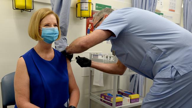 Former Prime Minister Julia Gillard receives the AstraZeneca vaccine at the Carrum Downs Respiratory Clinic. Picture: Andrew Henshaw