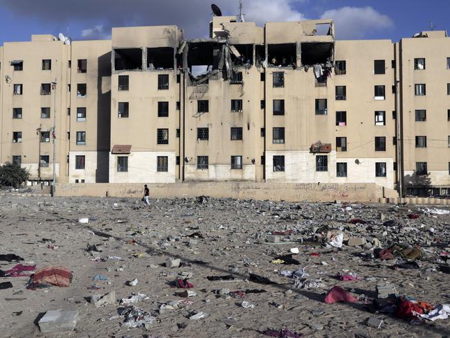 Debris lies scattered at the scene of a damaged apartment block after it was hit by an Israeli airstrike in Beit Lahiya, northern Gaza Strip. Picture: Adel Hana