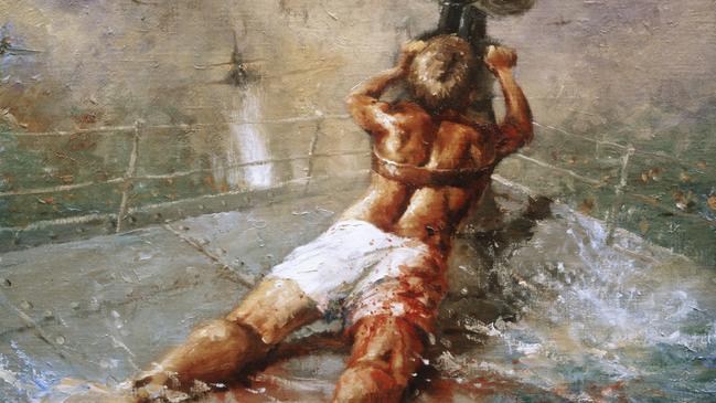 Dale Marsh’s painting of Teddy Sheean, who lashed himself to his gun and fired until the HMAS Armadale sank. Picture: Australian War Memorial