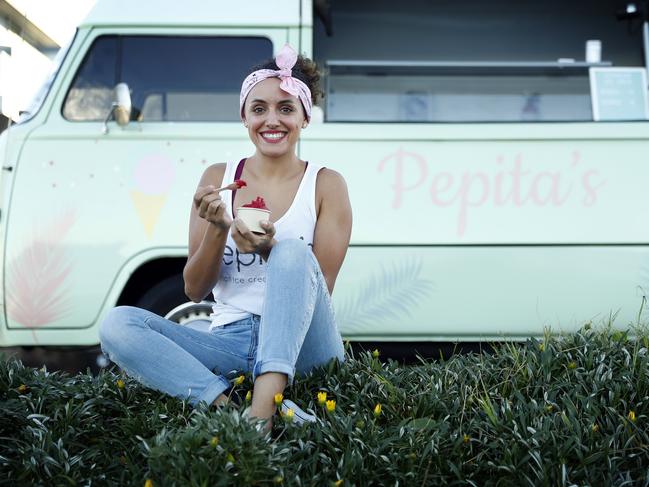 Melanie Chaix selling her “Pepitas” ice cream out of her van at Curl Curl. Picture: Sam Ruttyn