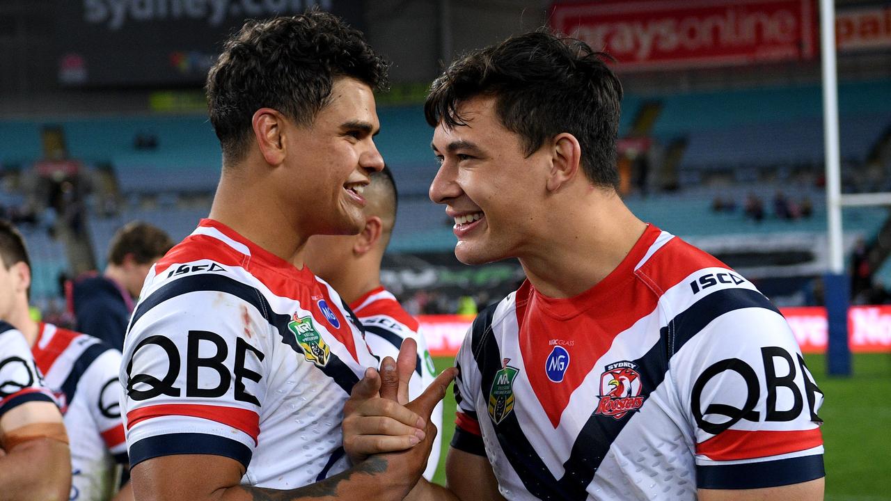 Latrell Mitchell and Joseph Manu at the Roosters. Picture: AAP/Dan Himbrechts