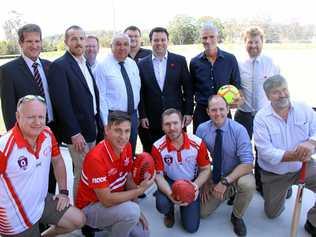 SPORTING HUB: Celebrating the $6M grant for Oakes and Crozier Ovals were sporting players, coaches, officials and politicians. L-R Scott Turner., Cr Isaac Smith, Steve Mackney, Thomas George MP, Glen Lees, Minister Ayres, Craig Foster and Mitch Lowe. Front - Simon Stainton, Philip Tsourlinis, Phillip Knowles, Austin Curtain and Matt Wilson. Picture: Alison Paterson