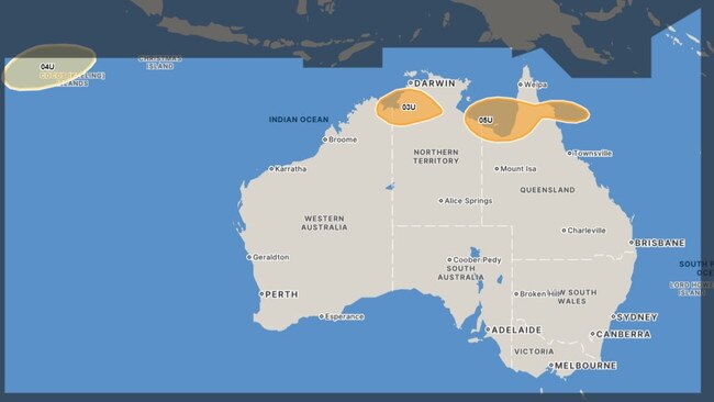 The forecast location for the systems (03U, 04U and 5U) on January 14 is expected to be located somewhere in the orange or yellow shaded areas. Picture: Bureau of Meteorology.