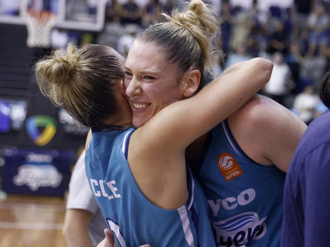 Southside Flyers star Lauren Jackson hugs Rebecca Cole after winning game three of the WNBL Semi Final series. Picture: Getty Images