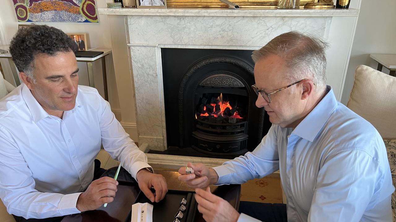 Affinity Diamonds’ Sam Rahme with Prime Minister Anthony Albanese designing the 2023 NRL Premiership rings.