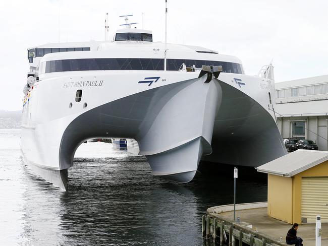 Incat’s latest catamaran, the Saint John Paul II, on the Hobart waterfront ahead of its sea trials. Picture: MATT THOMPSON