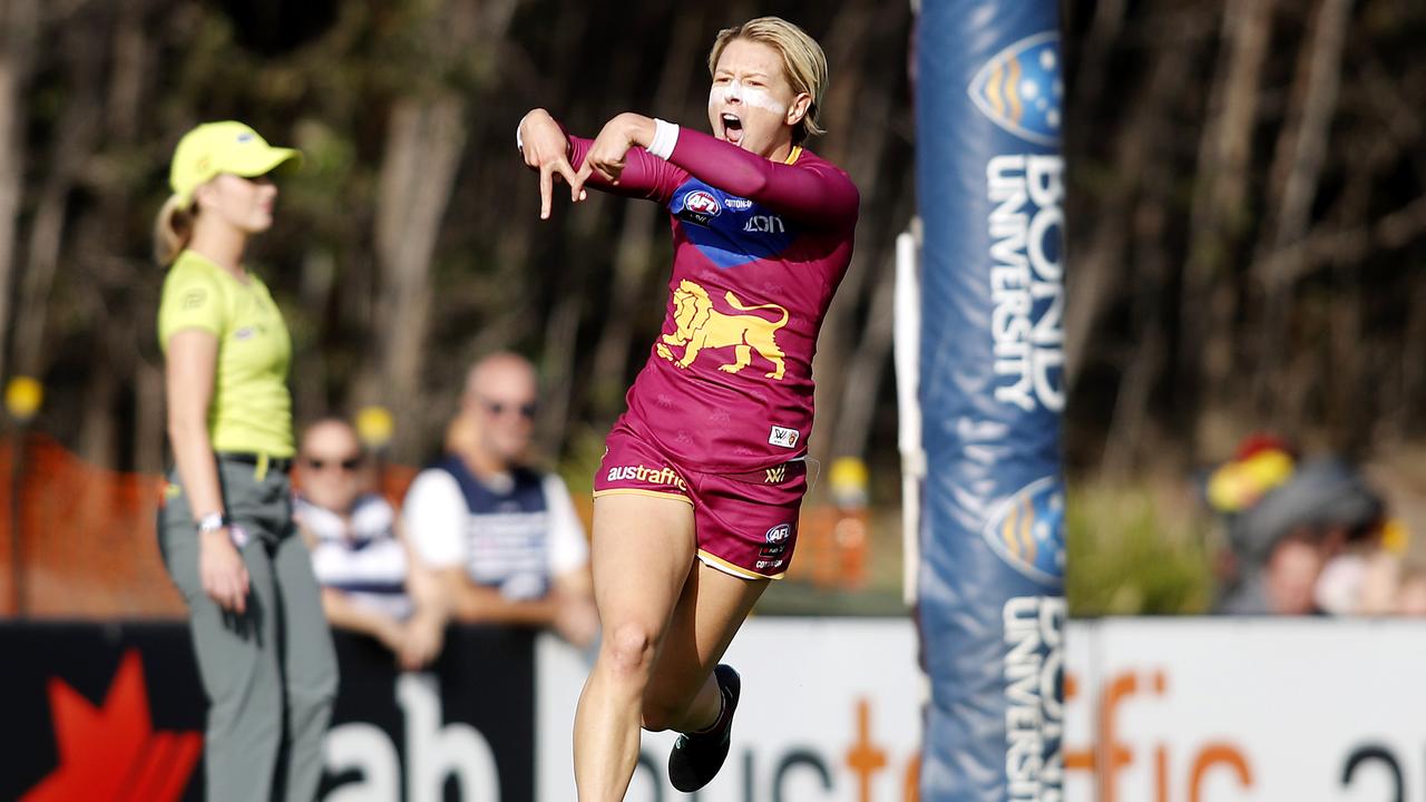 Brisbane’s Kate McCarthy celebrates a goal during the 2019 AFLW season. She and Nat Exon are heading to St Kilda for 2020. (AAP Image/Josh Woning)