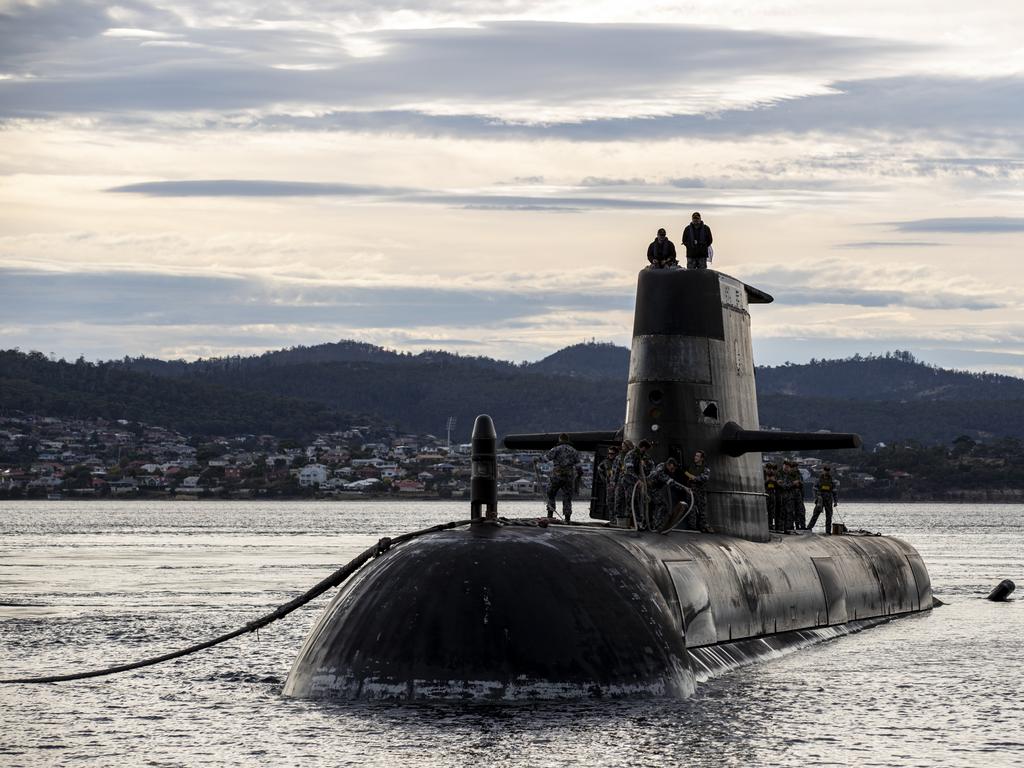 Royal Australian Navy submarine HMAS Sheean arrives for a logistics port visit on April 1, 2021 in Hobart. Picture: LSIS Leo Baumgartner/Australian Defence Force via Getty Images