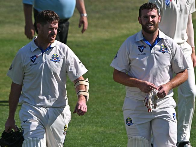 St BernadÃs Kyle Adams and Conor McGuire during the VSDCA St Bernard's v Brunswick cricket match in Essendon West, Saturday, Jan. 14, 2023.Picture: Andy Brownbill