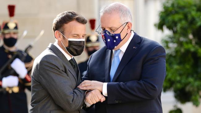 French President Emmanuel Macron and Scott Morrison in Paris in June. Picture: Adam Taylor / PMO