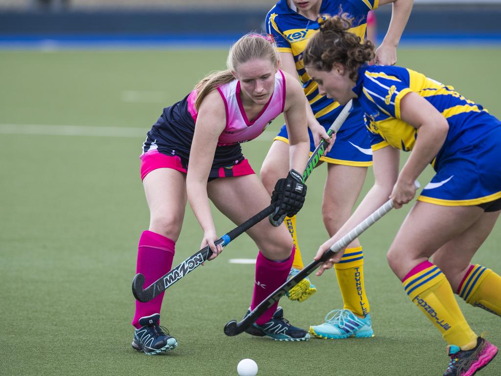 Toowoomba 2 player Erin Gilbar (left) against Townsville in Hockey Queensland Championships at Clyde Park, Saturday, May 1, 2021. Picture: Kevin Farmer