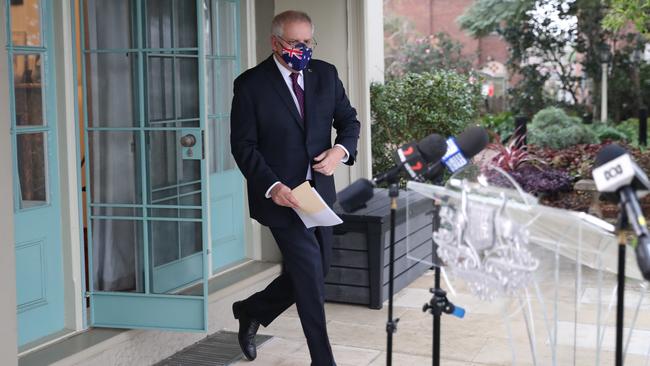 Australian Prime Minister Scott Morrison emerged after a national cabinet meeting to address the media during a press conference at Kirribilli House on Friday. Picture: Christian Gilles