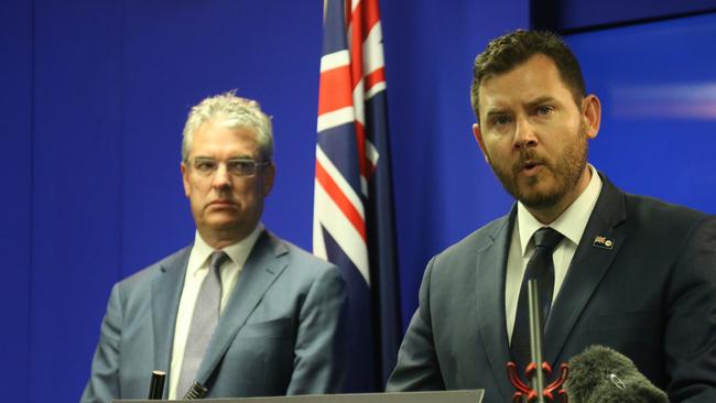 Tasracing chair Gene Phair and Racing Minister Felix Ellis speak to the media at the Executive Building in Hobart on Wednesday, January 31, 2024.