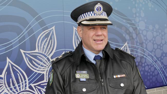 Tweed Byron Police District Superintendent Dave Roptell addresses the media about the impending border changes outside the Tweed Heads Police station. Photo: Jessica Lamb