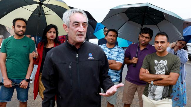 Matthew Coombes addresses local residents and home builders in Schofields’ Akuna Vista estate. Picture: Angelo Velardo
